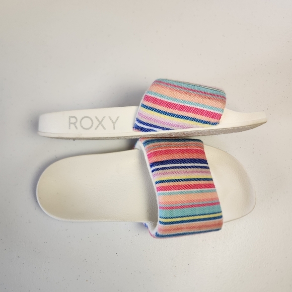 Roxy Slippy Terry Cloth Slides Sandals White Pink Rainbow Stripe Size 7 Womens - Picture 2 of 7